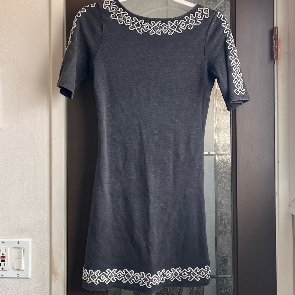 Gray Dress with White Embroidery and back cut out